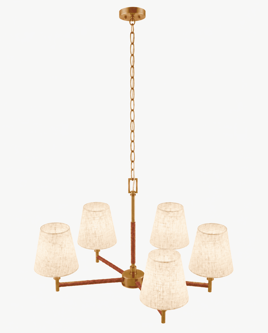 A five-light chandelier with a brass-finished metal frame and a central chain suspension. The arms o… — free OBJ 3D model