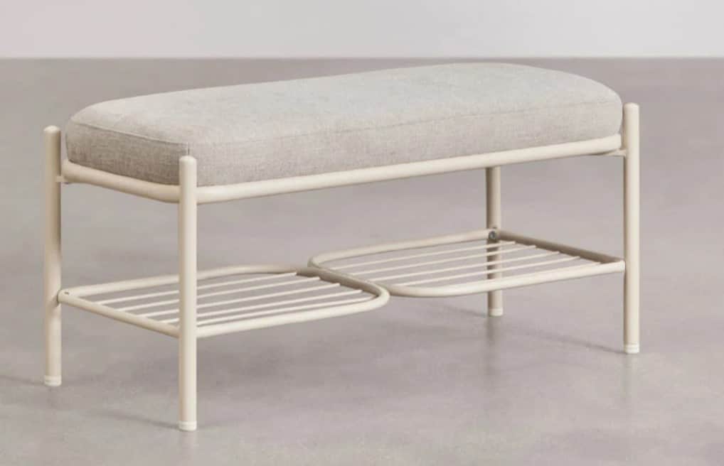A minimalist bench with a padded seat and two tiered slatted shelves below. The frame is constructed… — 3D model