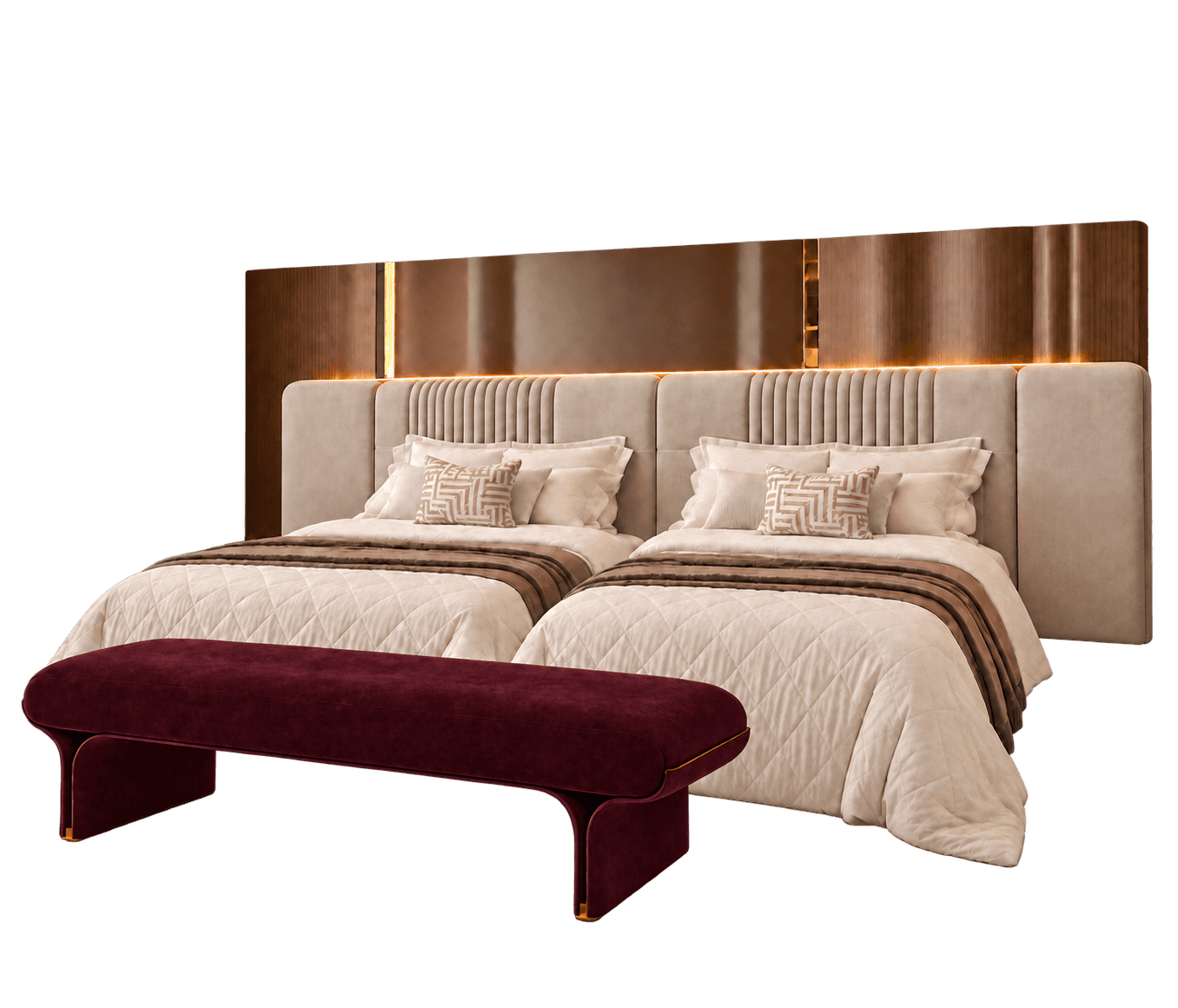 Two upholstered twin beds with light-colored bedding and decorative pillows, featuring a shared, int… — 3D model