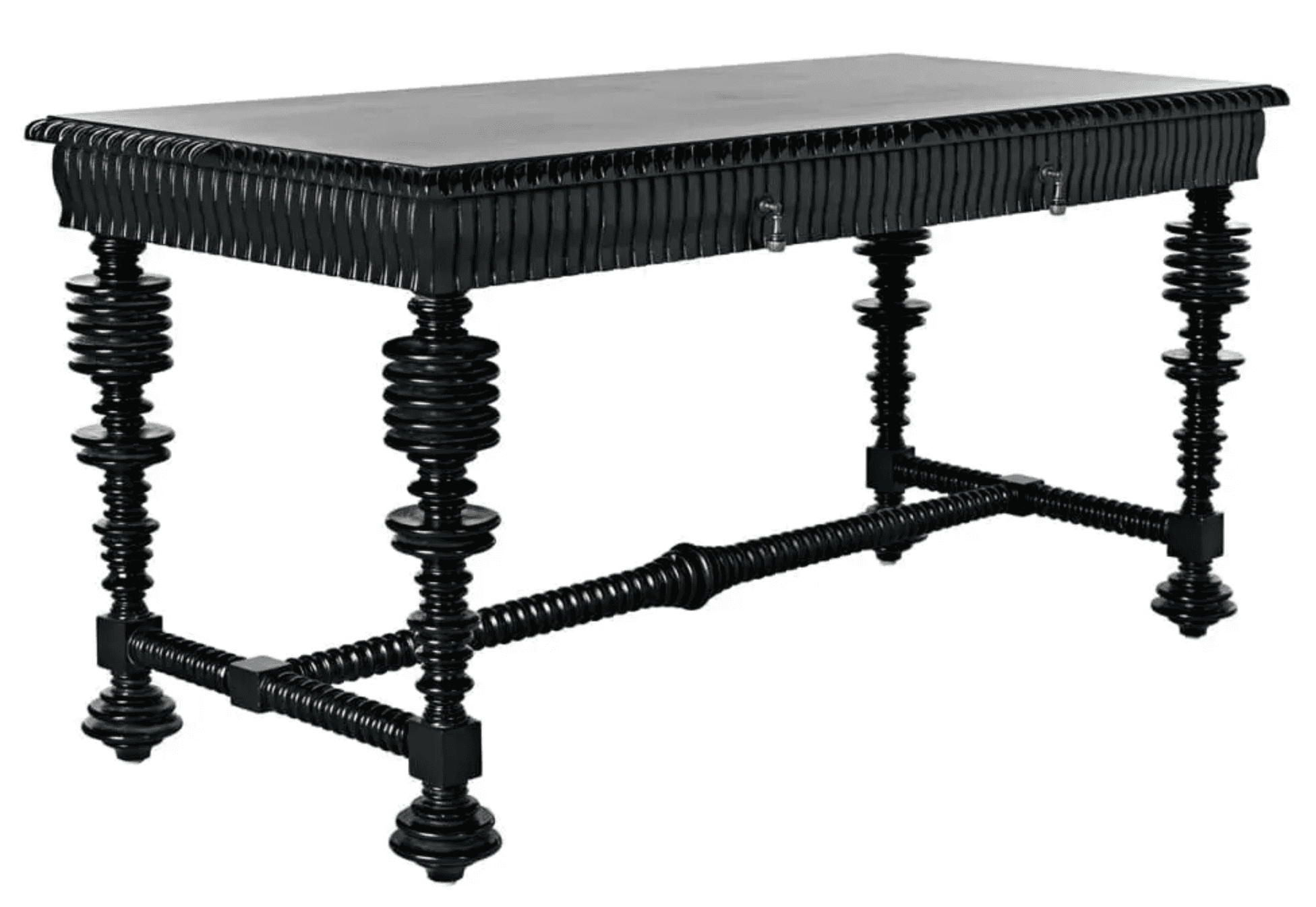 A sculptural black wood desk featuring a rectangular top, a finely fluted or reeded apron with two d… — 3D model