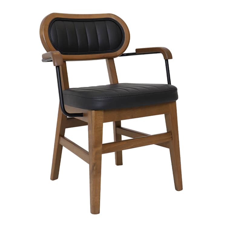 An armchair with a wooden frame and black upholstered seat and backrest. The backrest is oval-shaped… — free BLEND 3D model