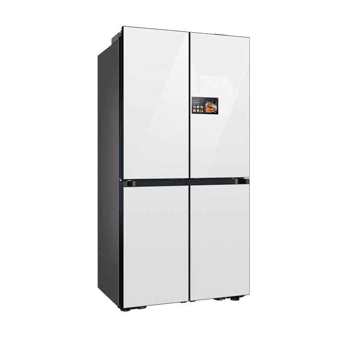 A freestanding, four-door refrigerator with a predominantly white finish.  The refrigerator features… — 3D model