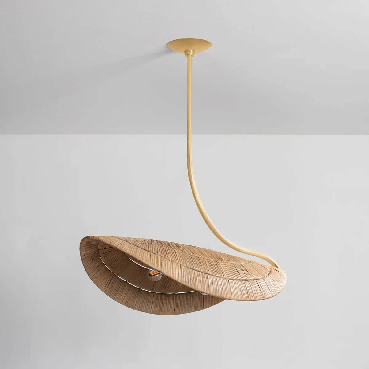 A contemporary pendant light fixture with a unique design. It features a curved, metallic arm extend… — free OBJ 3D model