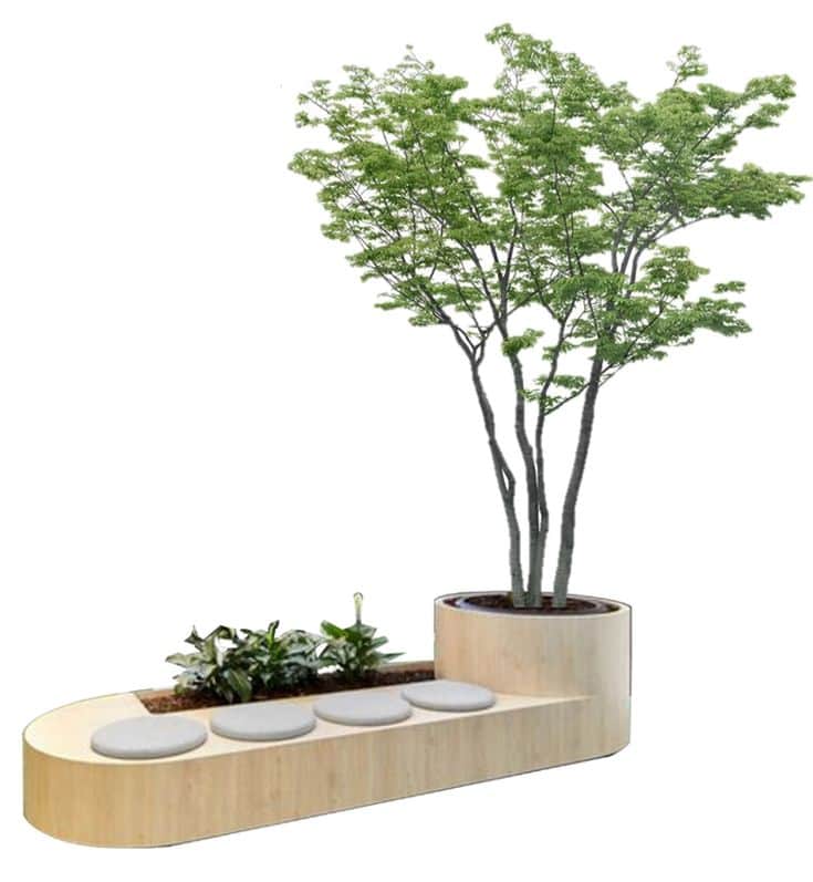 A modern, light-toned wooden modular unit combining a bench with integrated planter sections. One en… — free GLTF 3D model