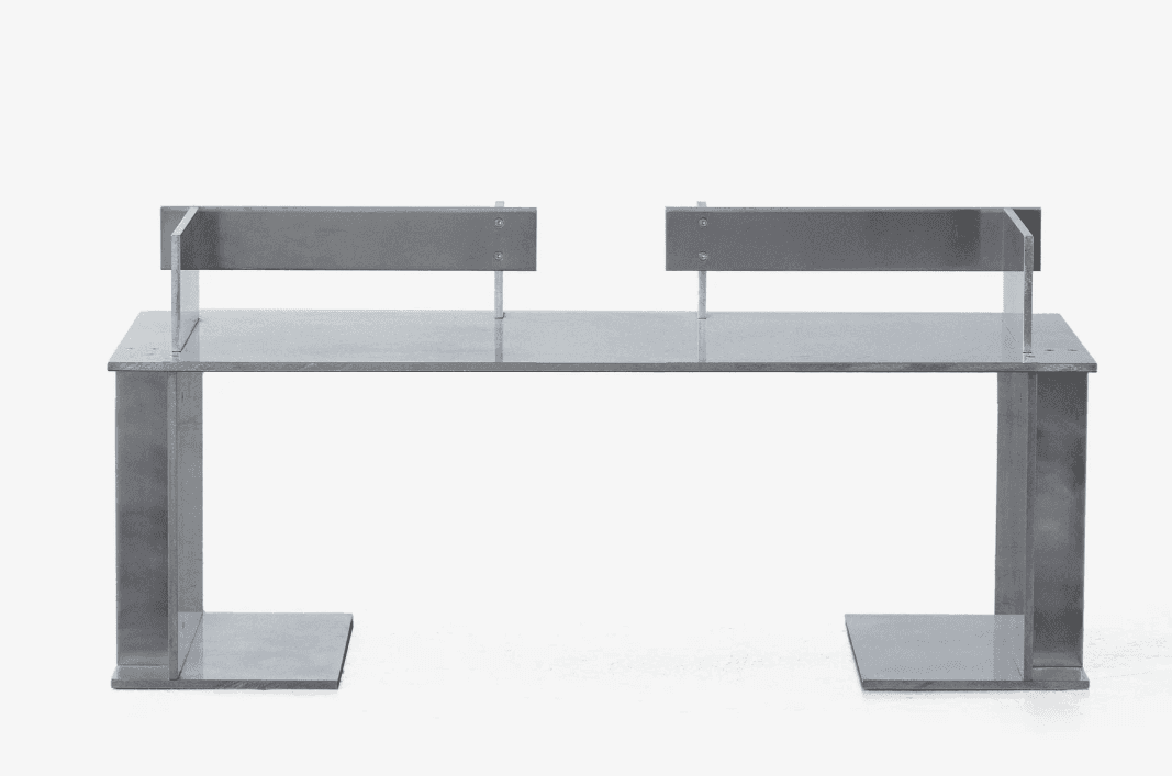 A modern console table constructed from metal. It features a rectangular top supported by two substa… — 3D model