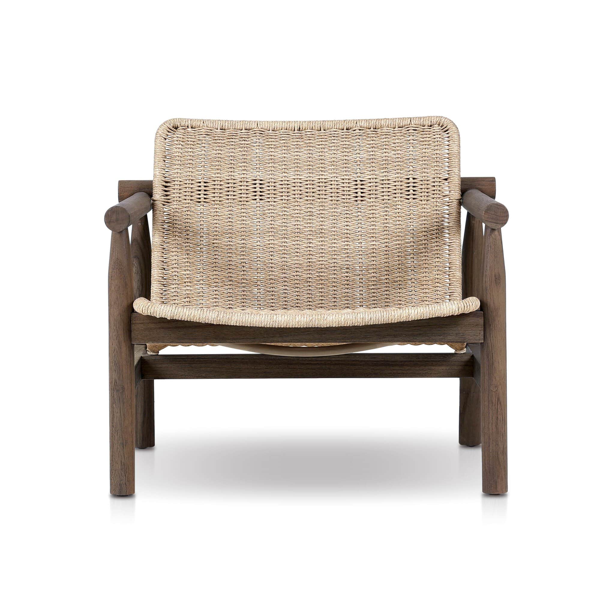A modern armchair with a wooden frame and a woven rattan seat and back. The armchair features a robu… — 3D model
