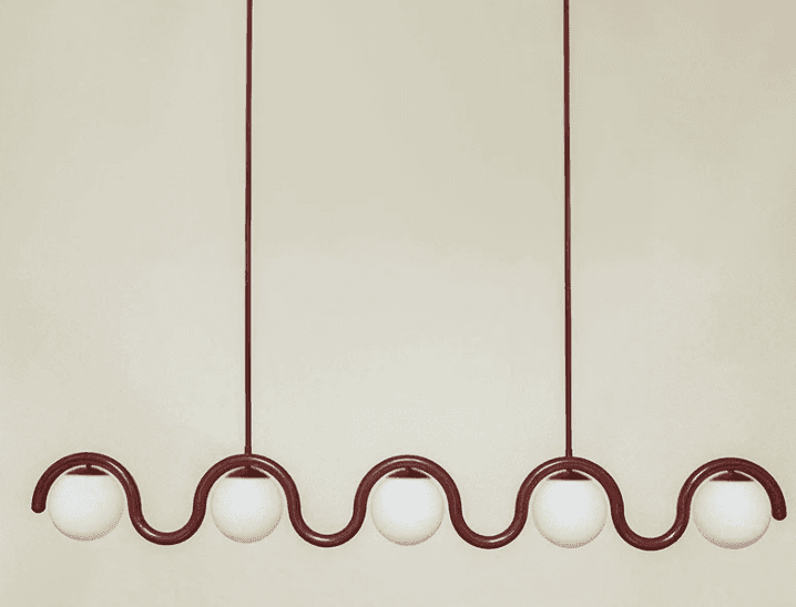 A burgundy chandelier with a wavy metal frame supporting five spherical white glass shades. The chan… — 3D model