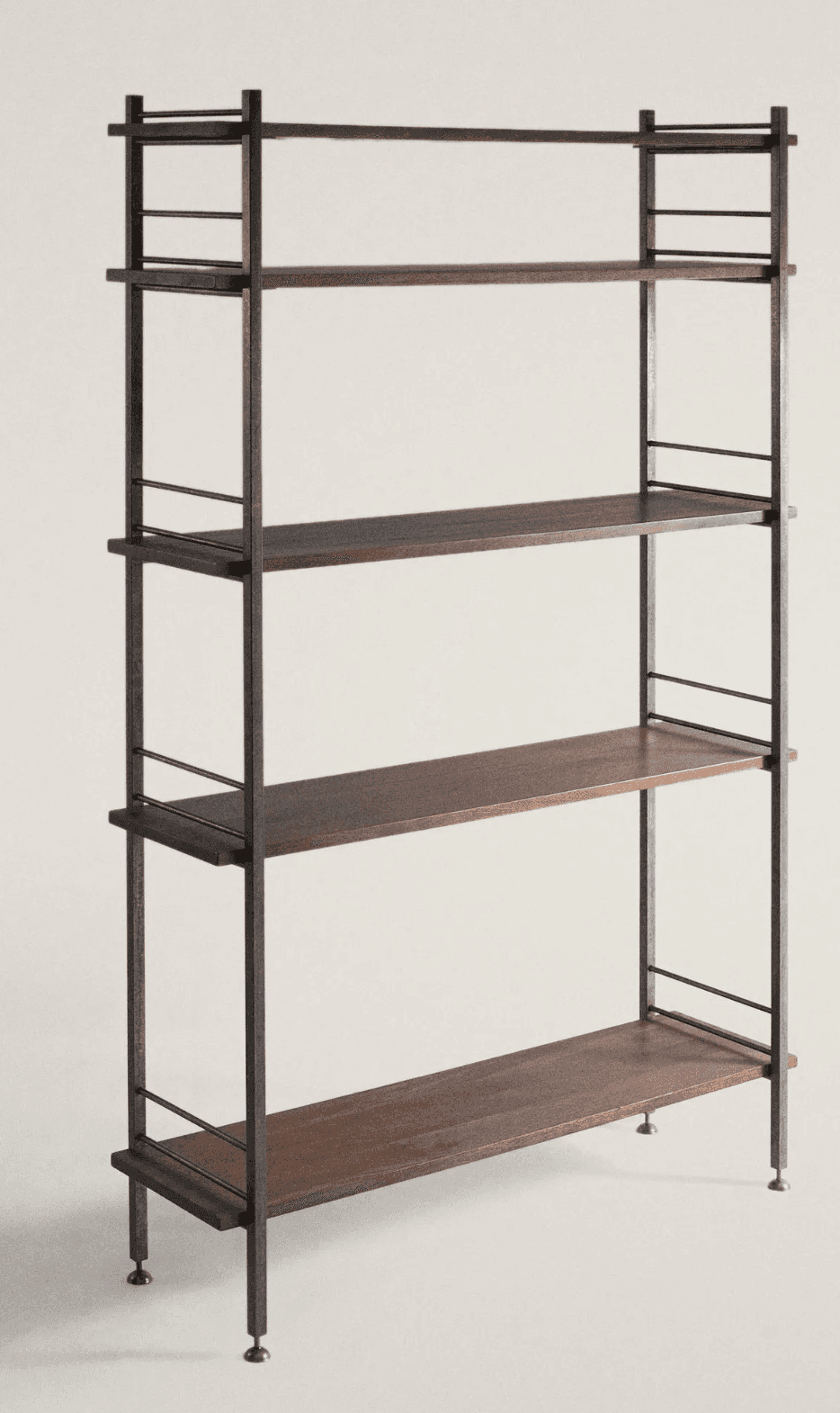 A multi-tiered freestanding shelving unit featuring a dark metal frame and five dark-stained wooden… — 3D model