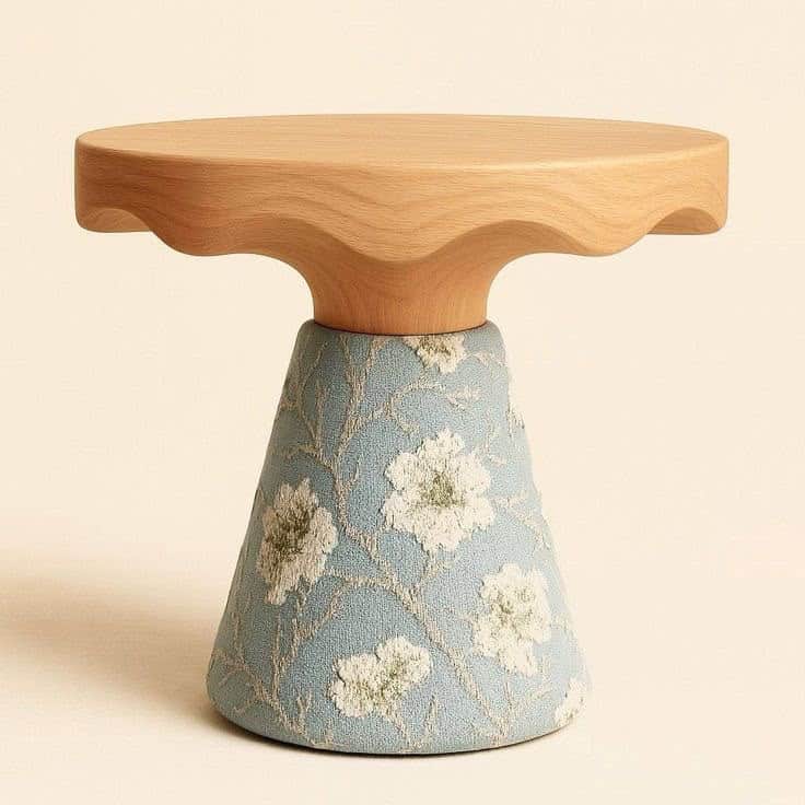 A distinctive accent table featuring a circular, natural wood top with a scalloped or wavy underside… — free OBJ 3D model