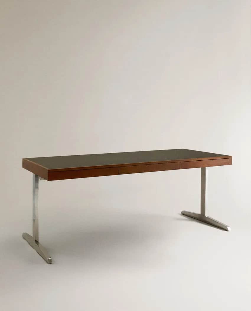 A sophisticated Mid-Century Modern executive desk featuring a rectangular wooden top with a dark ins… — 3D model