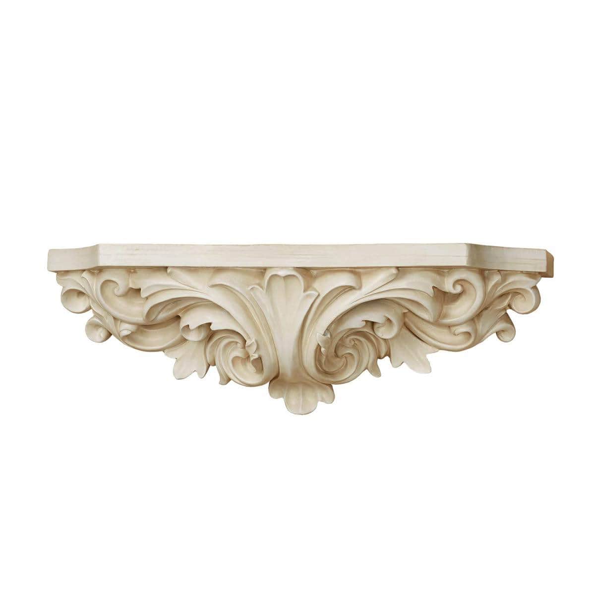 An ornate, wall-mounted shelf featuring a detailed acanthus leaf and scroll motif. The shelf has a f… — free FBX 3D model