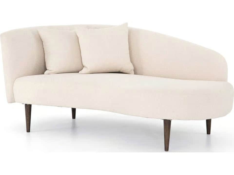 A contemporary chaise lounge upholstered in cream-colored bouclé fabric, featuring a curved backrest… — 3D model