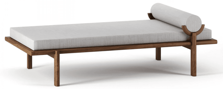 A modern daybed featuring a solid walnut wood frame, a rectangular light gray upholstered mattress,… — 3D model