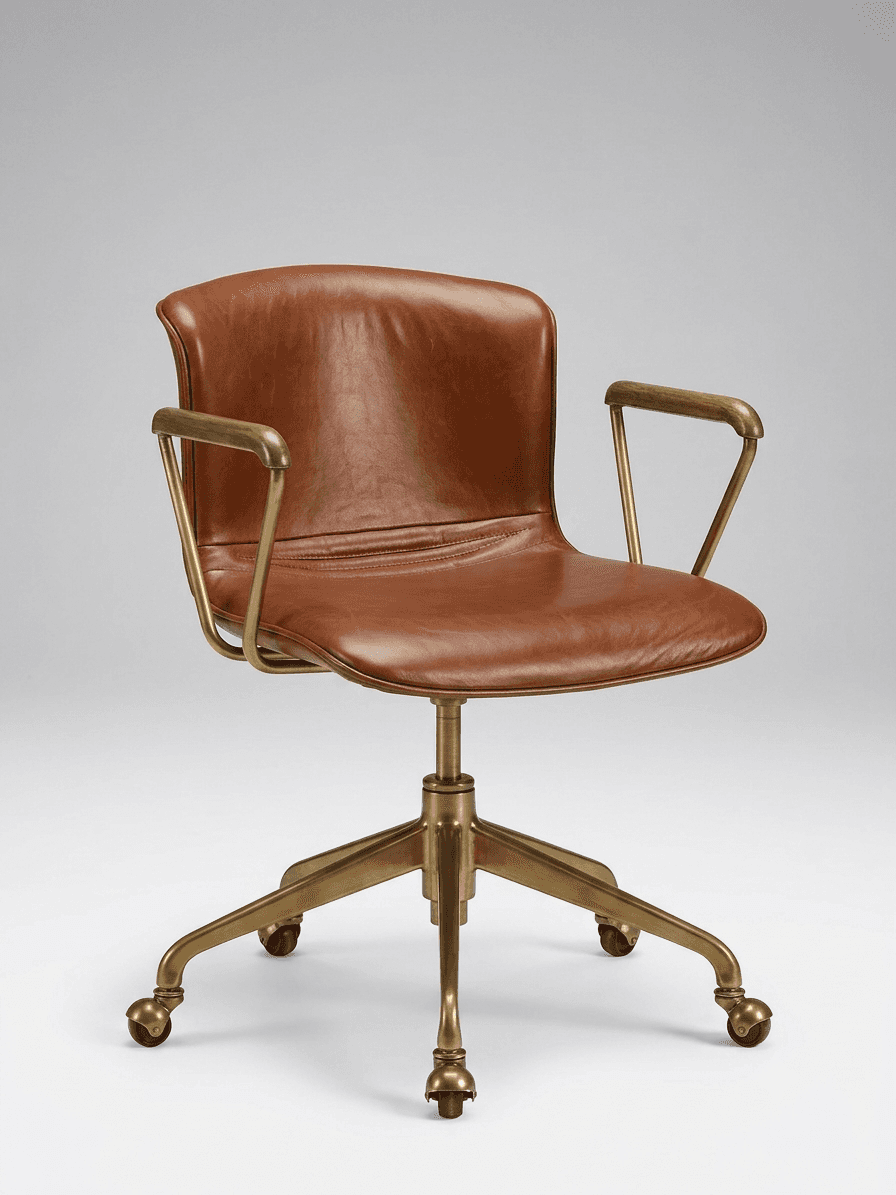 A vintage-style desk chair with a contoured brown leather upholstered seat and back, supported by a… — 3D model
