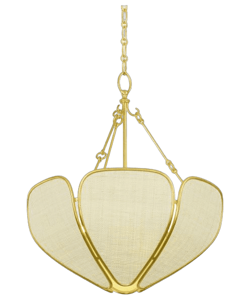 A contemporary chandelier featuring a polished brass frame with four curved, petal-like shades made… — 3D model
