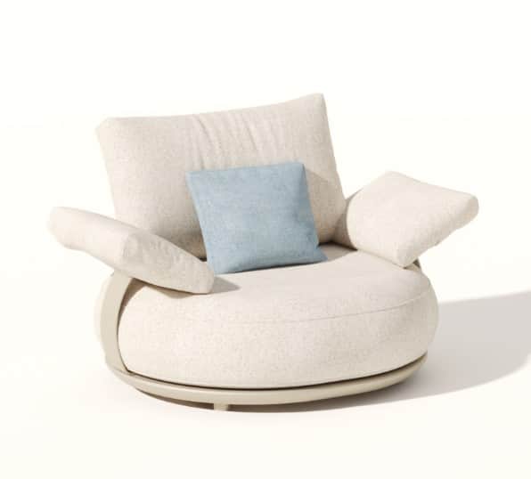 A modern armchair with a rounded, upholstered base and seat. It features two wide, padded armrests a… — free OBJ 3D model