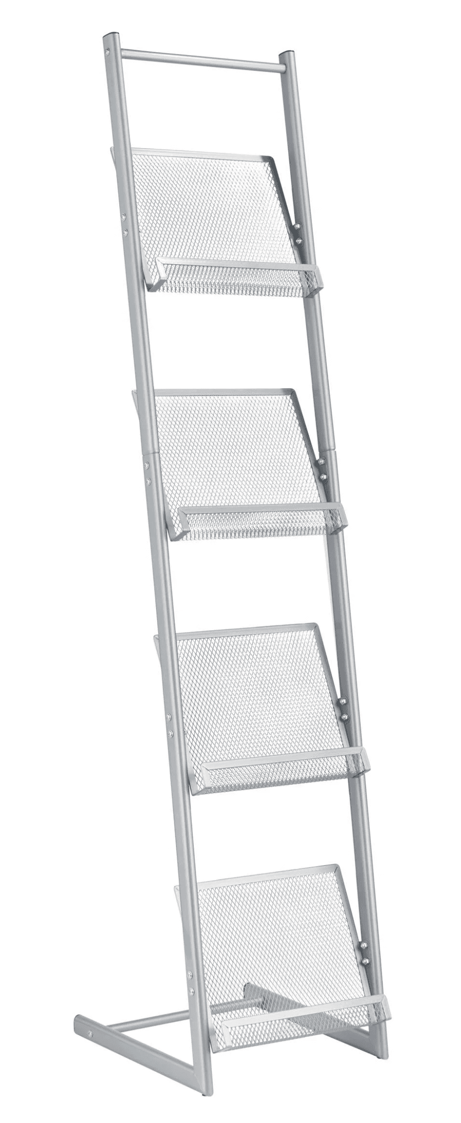 A silver-colored, four-tier freestanding display rack constructed from metal tubing and expanded met… — 3D model