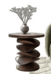 A unique end table with a circular top and a base composed of stacked, organically shaped wooden ele… — 3D model
