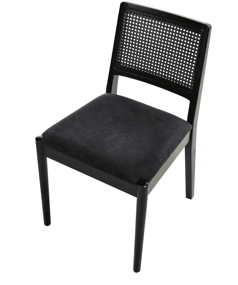 A black side chair with a cane-woven backrest and a upholstered seat. The chair features a rectangul… — 3D model