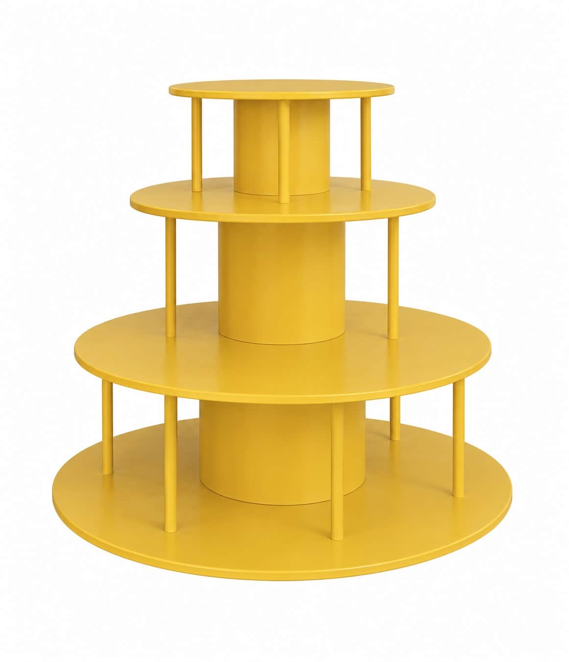 A vibrant yellow three-tier circular display stand featuring a minimalist design. Each circular shel… — 3D model