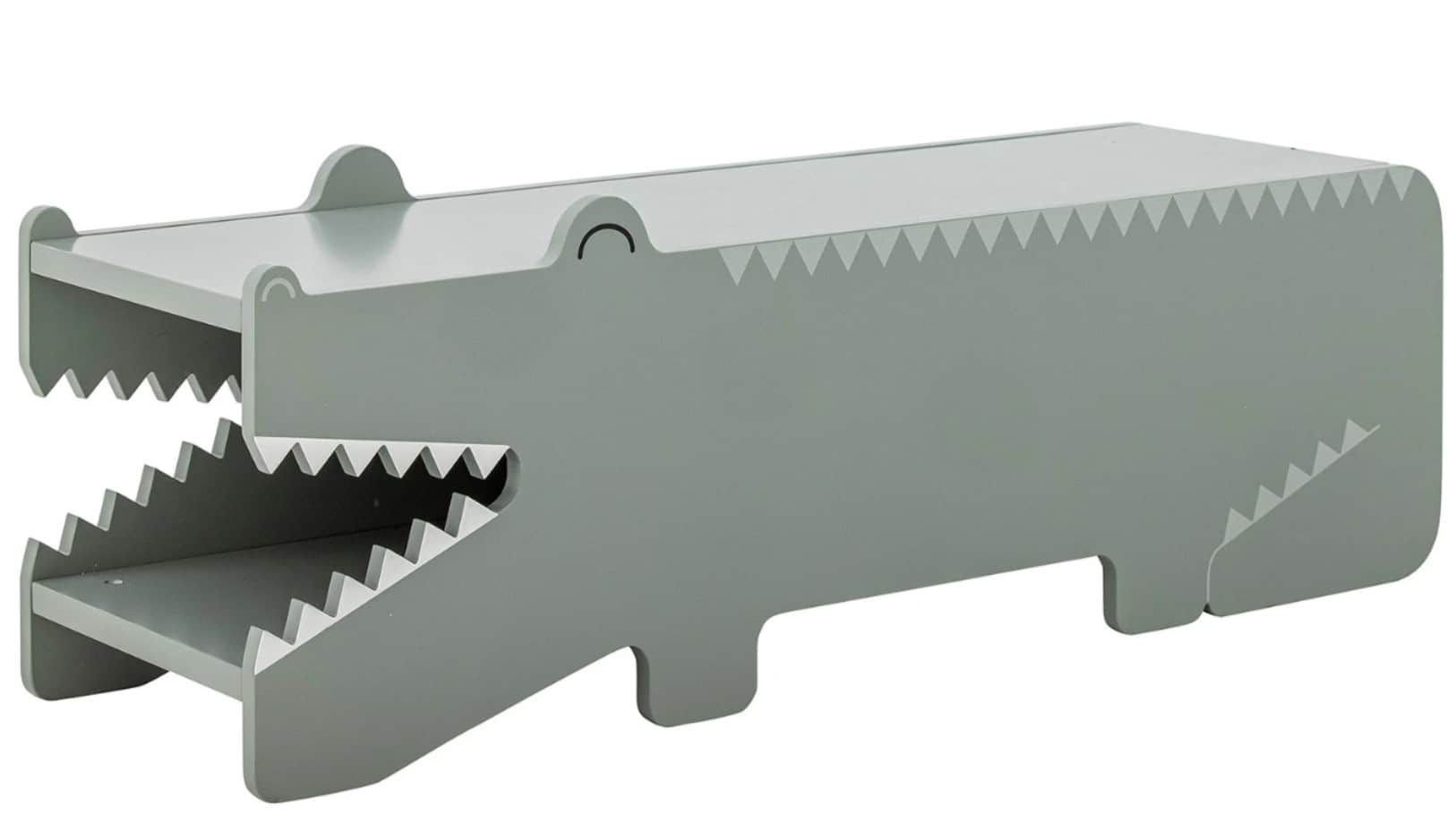 A children's storage unit designed in the shape of a crocodile, rendered in a muted green-gray finis… — 3D model