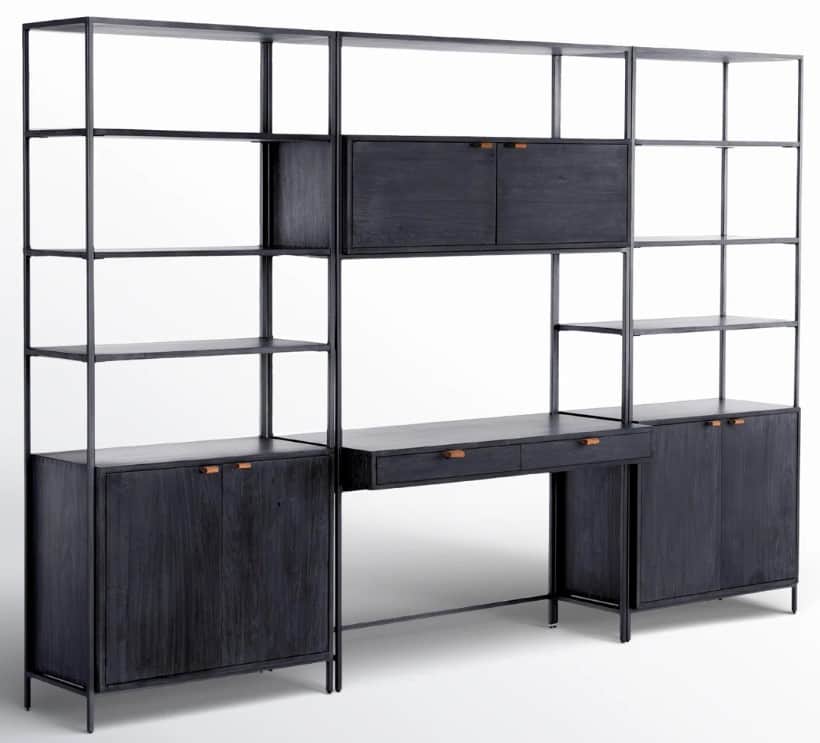 A modular bookcase system with an integrated desk. The unit features a dark, distressed wood finish… — free OBJ 3D model