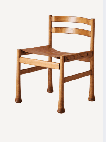 An armless chair constructed from light-toned wood with a distinctive sling leather seat and a two-s… — free GLTF 3D model