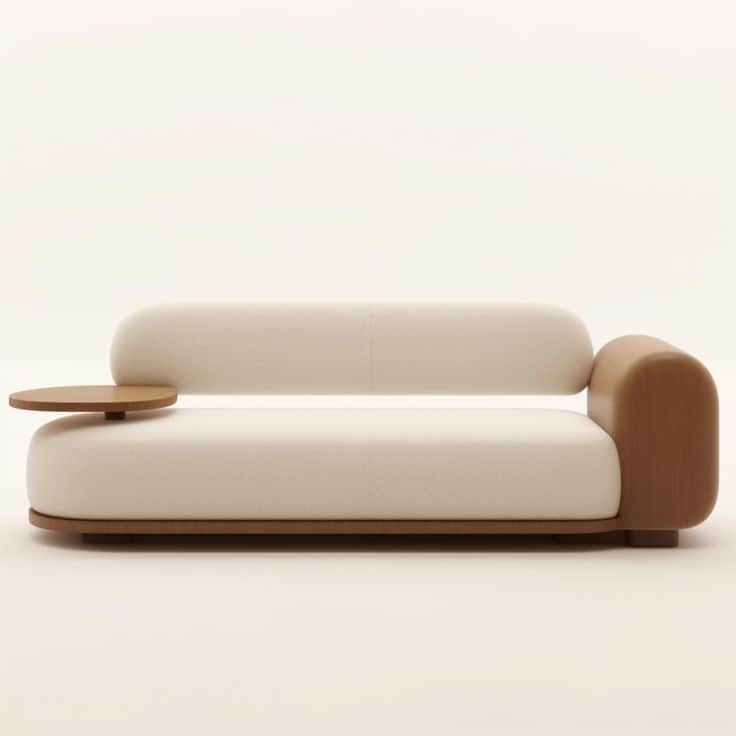 An asymmetrical minimalist sofa featuring a cream-colored upholstered seat and cylindrical backrest,… — 3D model