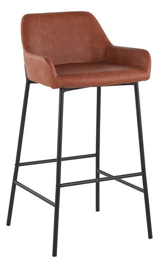 A bar stool with a brown, faux leather upholstered seat and backrest, featuring integrated armrests.… — 3D model