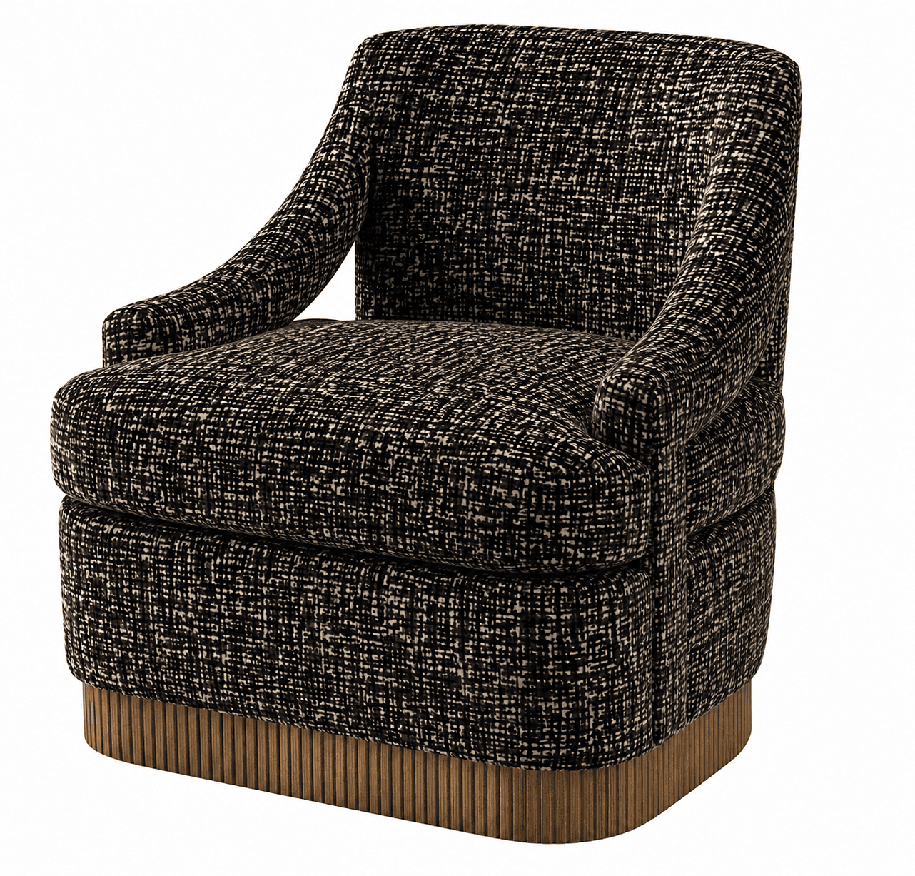 A contemporary upholstered armchair featuring a textural black and white fabric and a distinctive re… — 3D model