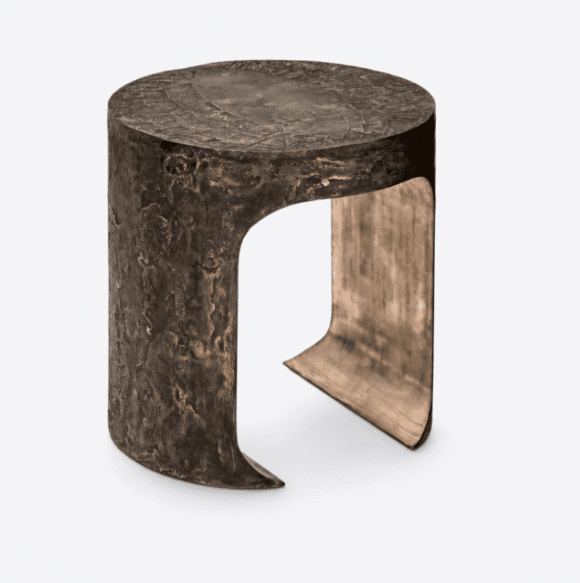 A cylindrical side table or stool crafted from patinated bronze or a similar metal, featuring a heav… — free STL 3D model