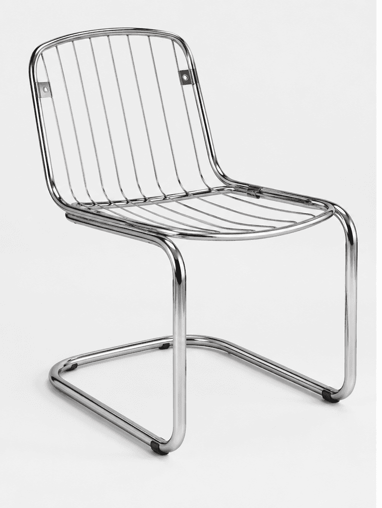 An armless cantilever chair featuring a chrome-plated tubular steel frame and a seat and back compos… — 3D model