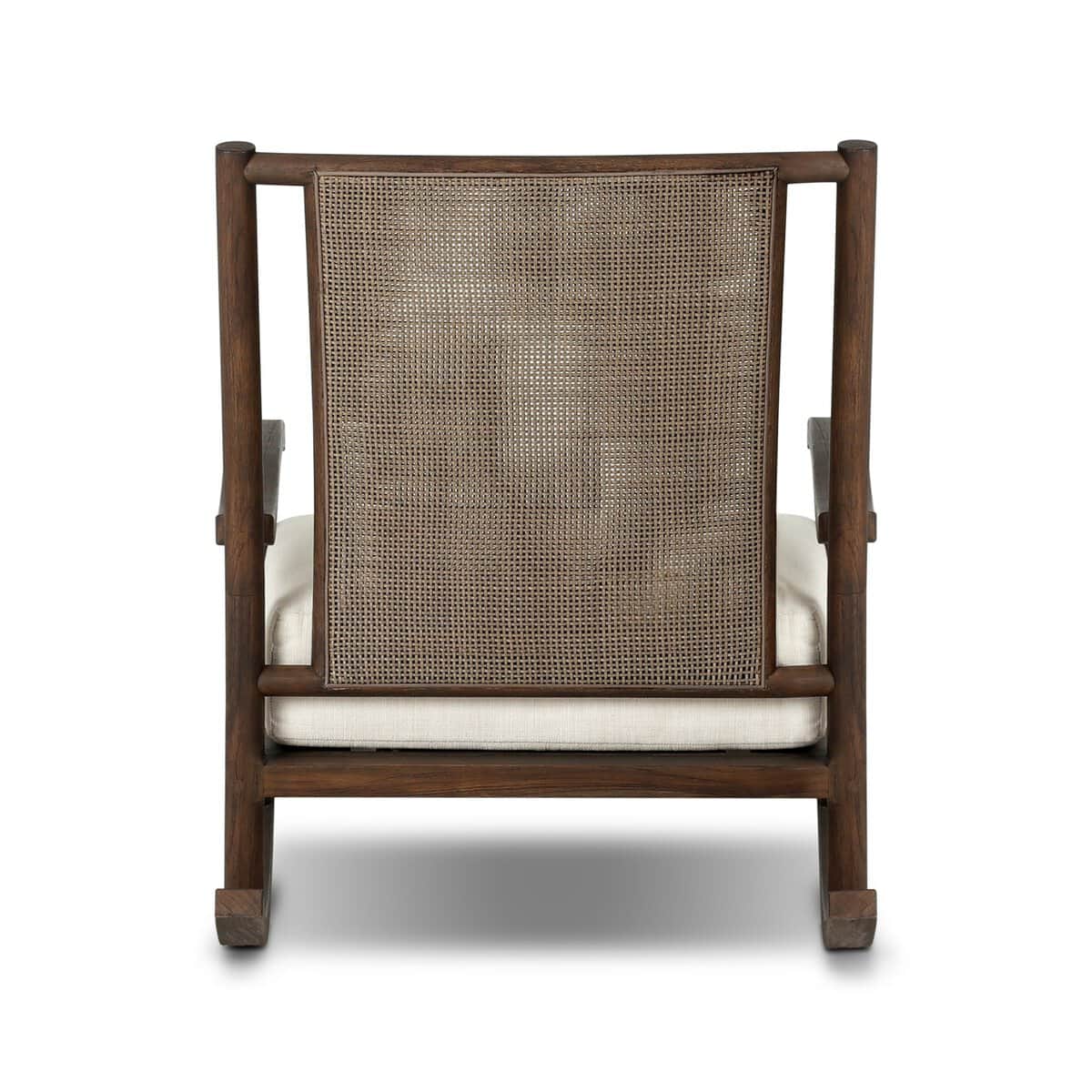 A dark wooden lounge chair featuring a woven cane backrest and a cream-colored upholstered seat cush… — 3D model