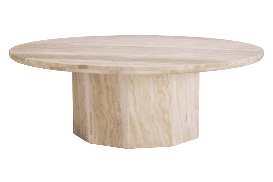 A round coffee table with a thick, beveled edge top and a substantial, faceted pedestal base. The ma… — free FBX 3D model