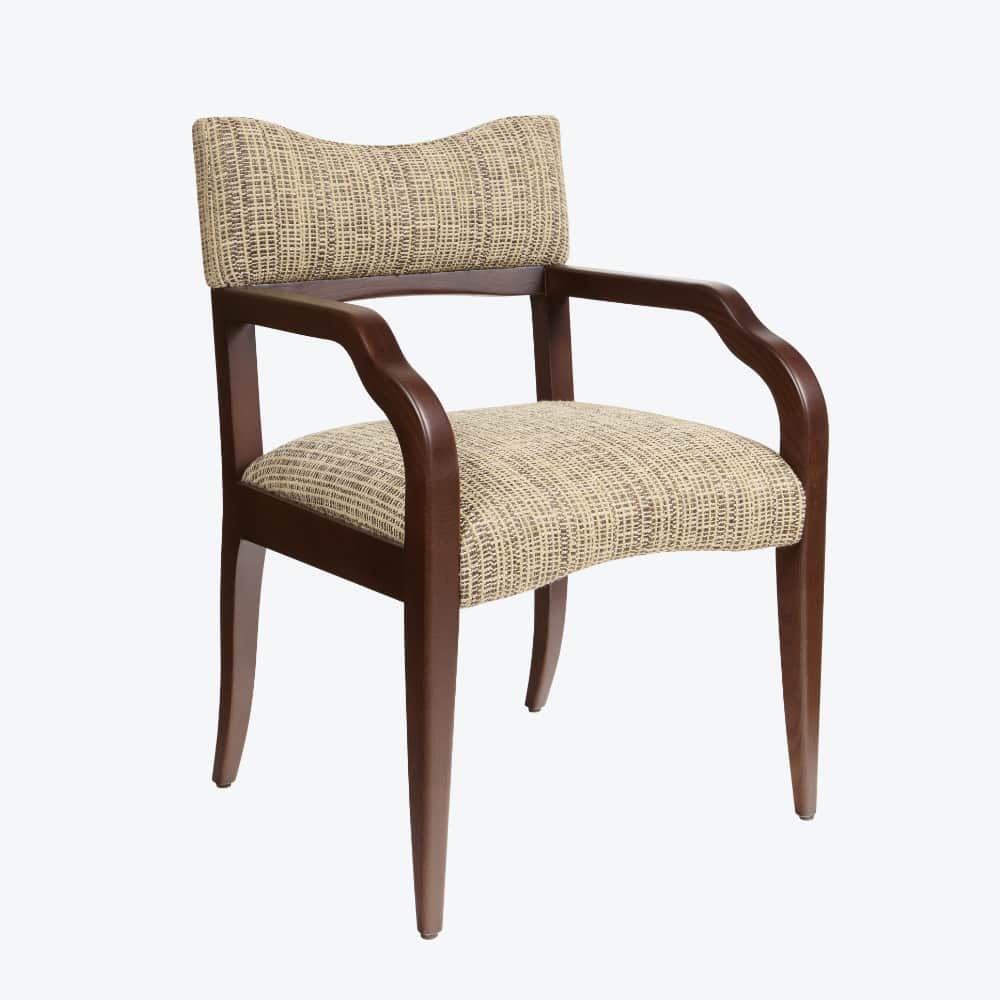 An armchair with a wooden frame and upholstered seat and back. The wooden frame has a dark brown fin… — 3D model
