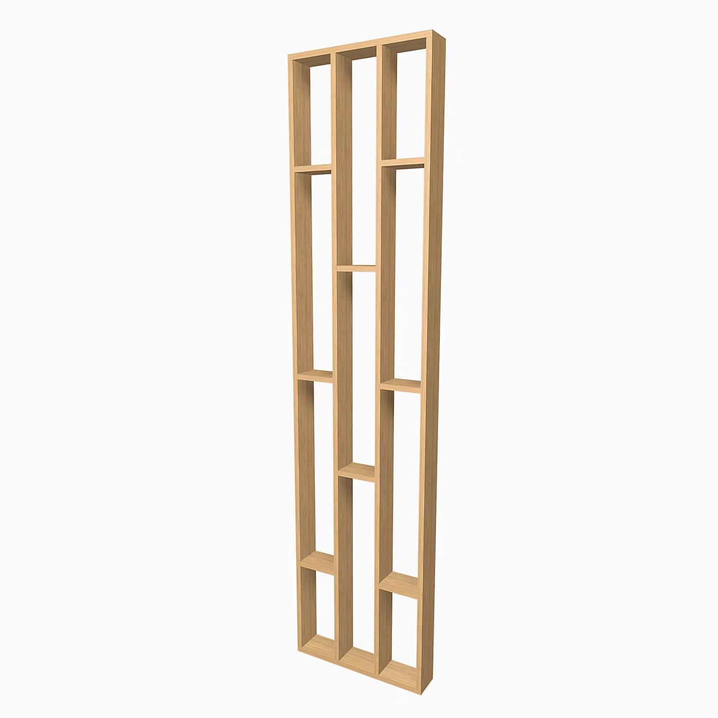 A tall, narrow wooden shelving unit featuring a series of interconnected rectangular and square comp… — 3D model