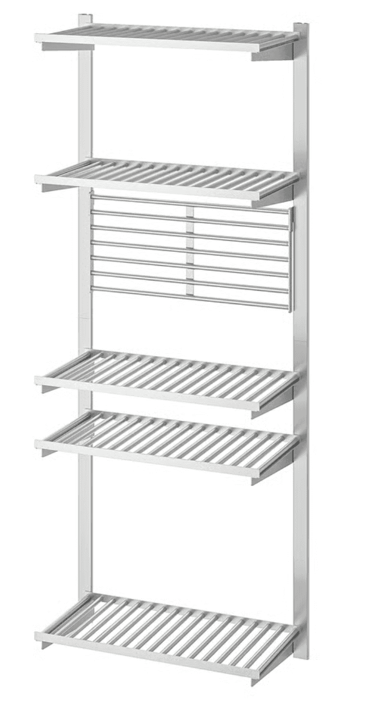A tall, wall-mounted shelving system featuring multiple slatted metal shelves and an integrated sect… — 3D model