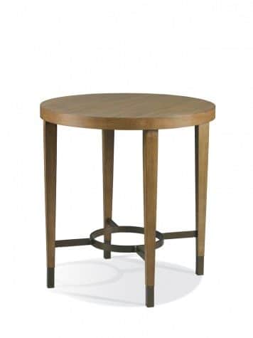 A round accent table featuring a wooden top and four tapered wooden legs. The legs are connected by… — 3D model