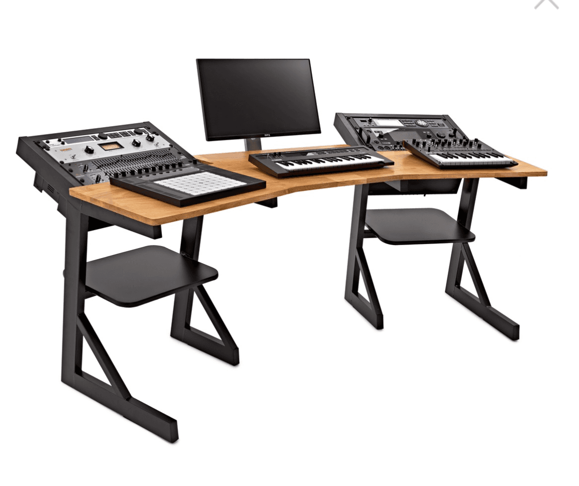 A long, ergonomic studio desk designed for audio production. The desk features a natural wood-finish… — free OBJ 3D model