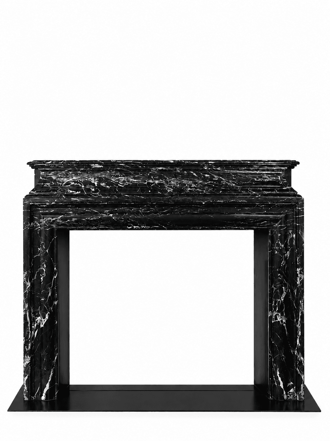 A striking fireplace mantel crafted from black marble with intricate white veining. It features clas… — 3D model
