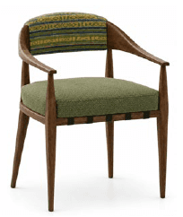 A mid-century style armchair featuring a rich wooden frame, a green upholstered seat, and a distinct… — 3D model
