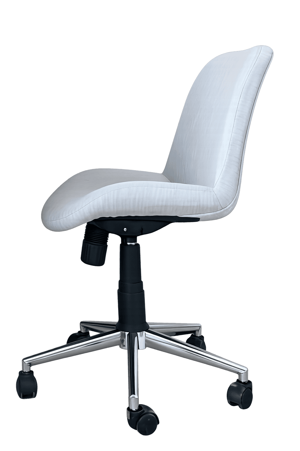 An armless office chair featuring a contoured, upholstered seat and back in a light color, mounted o… — 3D model