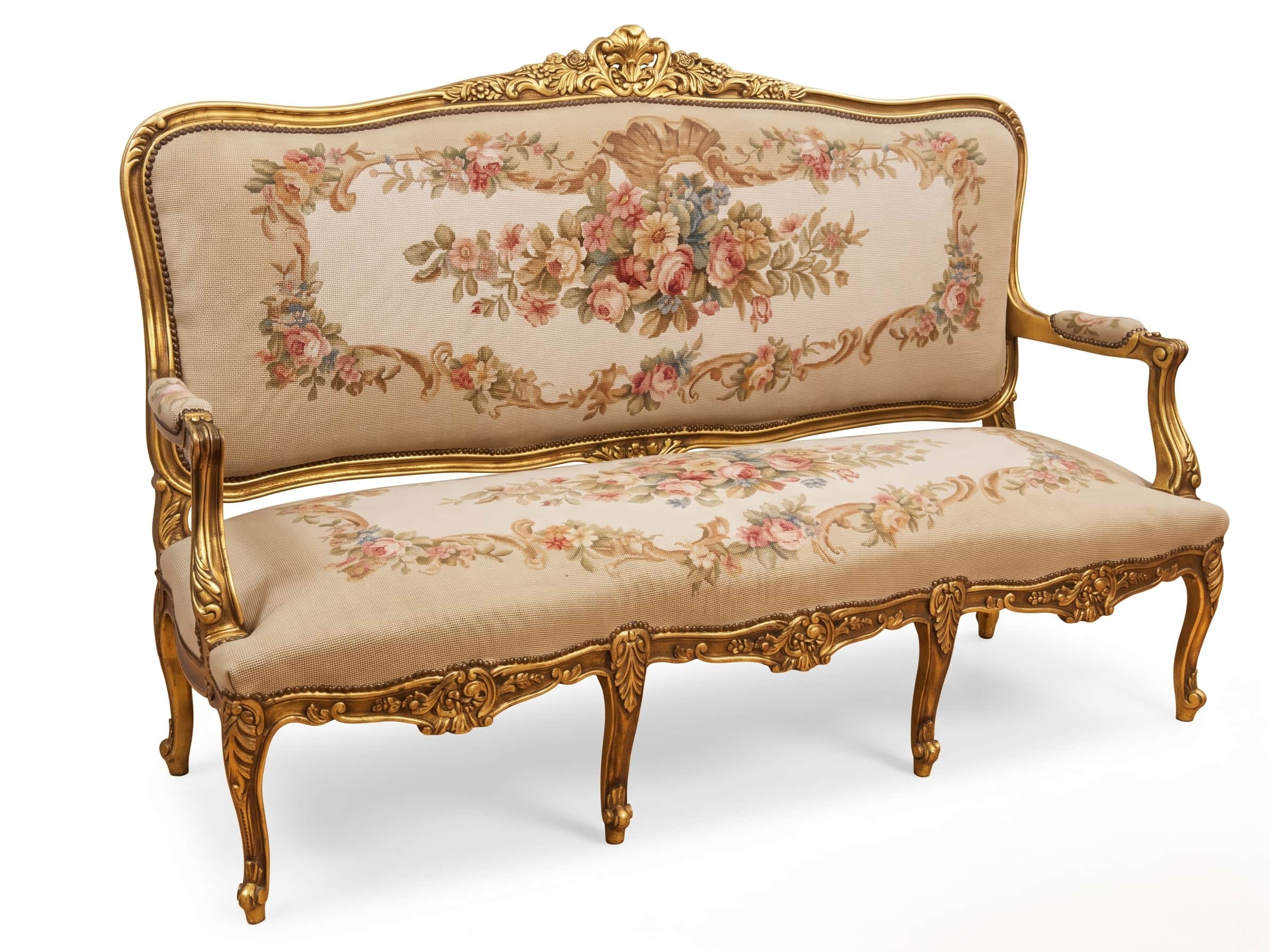 An ornate, antique-style settee in the Louis XV aesthetic, featuring an intricately carved giltwood… — free GLTF 3D model