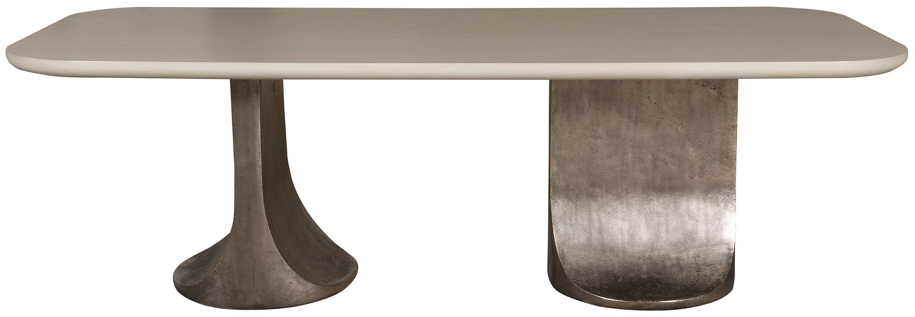 A modern desk featuring a rectangular top with softened, rounded corners, supported by two distinct… — 3D model