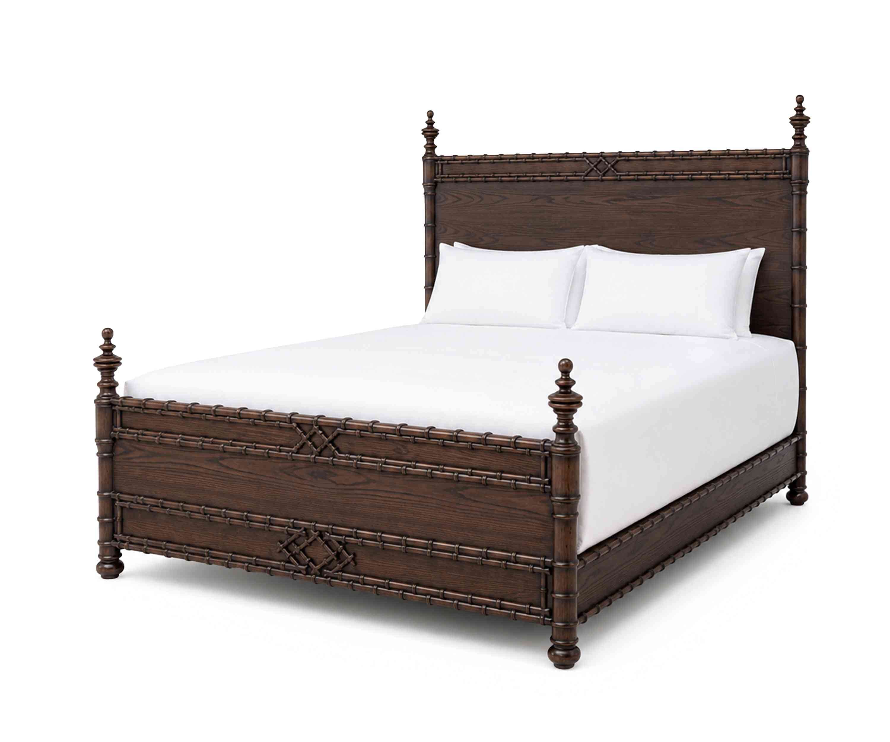 A dark brown wooden bed frame featuring extensive faux bamboo detailing on the headboard, footboard,… — free OBJ 3D model