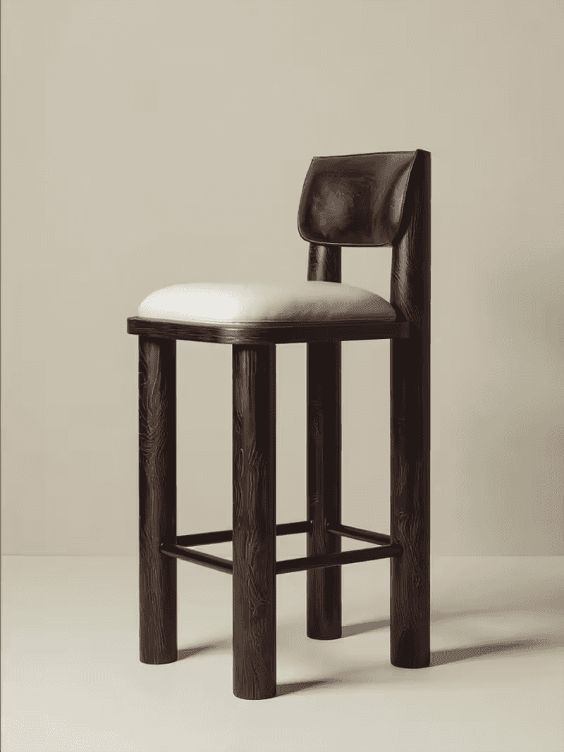 A dark brown wooden bar stool with a light-colored upholstered seat and a matching upholstered backr… — free FBX 3D model
