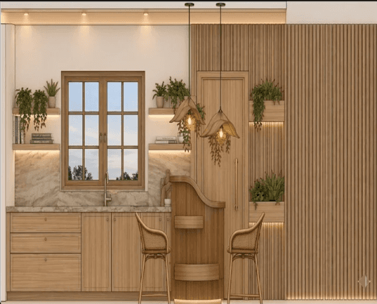 A modern kitchen scene rendered in an isometric perspective. The scene features a modular kitchen un… — free OBJ 3D model