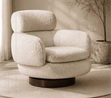 An off-white bouclé swivel lounge chair, featuring a rounded, plush silhouette with a distinct separ… — 3D model