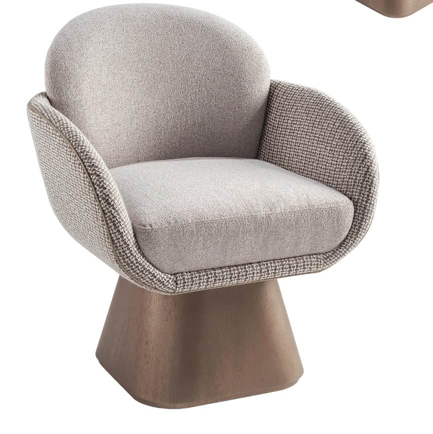 An upholstered barrel-back accent chair featuring a rounded silhouette, two-tone fabric upholstery,… — 3D model