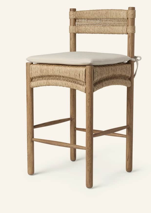 A bar stool constructed with a wooden frame and woven rush or natural fiber for the seat and backres… — 3D model